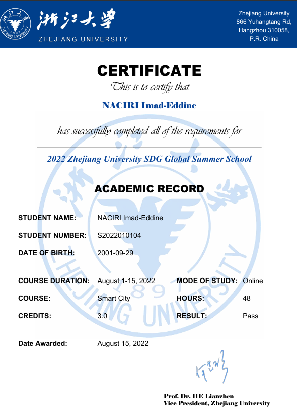 Zhejiang University Certificate